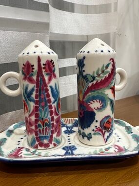 Anthropologie Floral Ceramic Salt and Pepper Shakers - White, Pink & Blue
